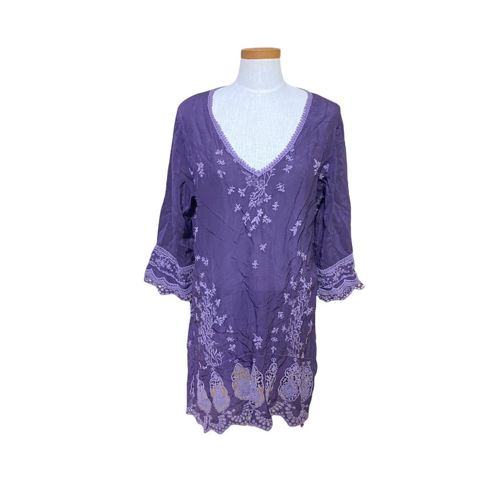 Johnny Was Womens Purple  Embroidered V Neck Tunic Dress Sz L